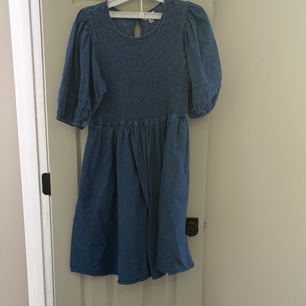 Terra & Sky Blue Smocked Midi Dress with Puff Sleeves